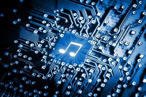 Music note on computer chip - technology concept